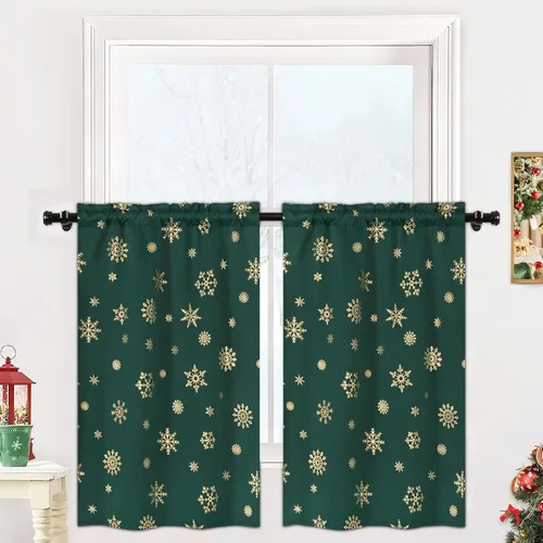 Vista 10 de FRAMICS Cortinas de Navidad con estampado de copos de nieve dorados en papel de aluminio, cortinas opacas con aislamiento térmico para sala de estar
