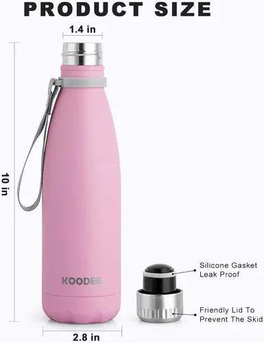 Vista 5 de koodee Botella de agua aislada al vacío de doble pared de acero inoxidable, 17 oz, prueba de fugas, con forma de botella de refresco