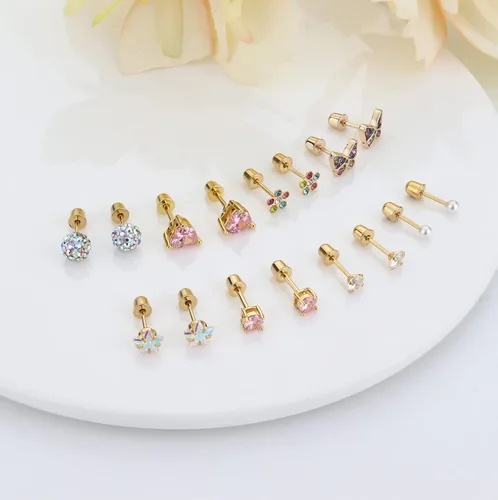 Vista 6 de FIBO STEEL Paquete de 8 pares de aretes hipoalergénicos para mujeres y adolescentes, acero inoxidable 316L con circonita cúbica, corazón, perla