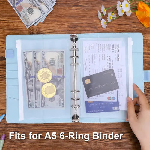 Vista 3 de Antner 20 piezas de bolsillos para carpeta A5 con 6 agujeros, insertos para planificador de presupuesto, sobres para rellenar con efectivo