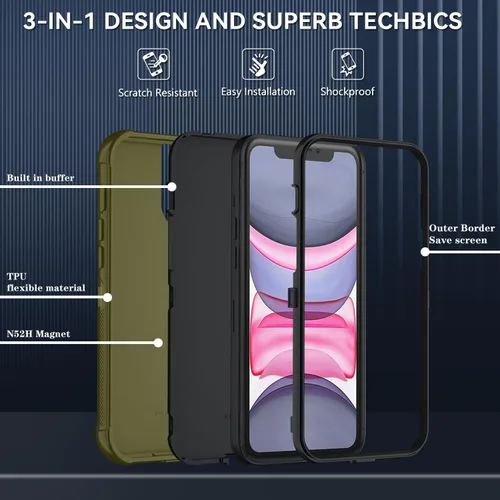 Vista 6 de SunStory Funda compatible con iPhone 11 con protector de pantalla HD, 3 capas de alta resistencia de cuerpo completo, funda protectora híbrida 3