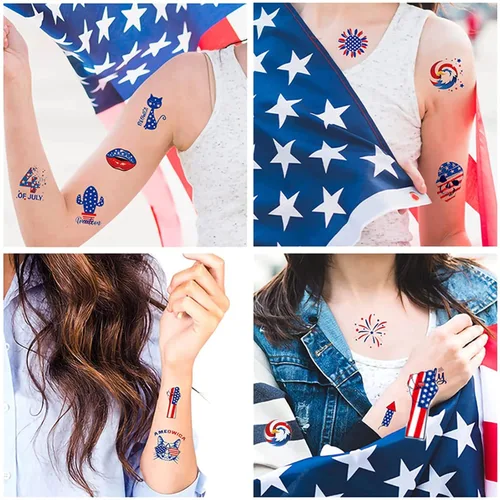 Vista 4 de Adhesivo de tatuaje del Día de la Independencia del 4 de julio, tatuajes temporales de la bandera estadounidense, tatuajes temporales impermeables