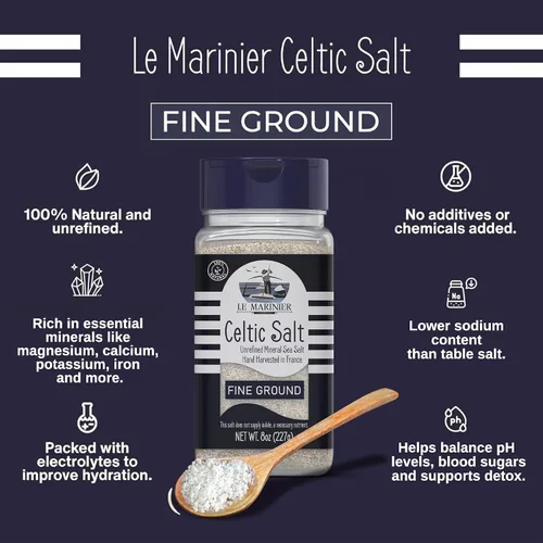 Vista 2 de Le Marinier Sal celta orgánica fina molida, 8 onzas, rica en minerales, 100% natural y sin refinar. Salero rellenable. Sal marina francesa