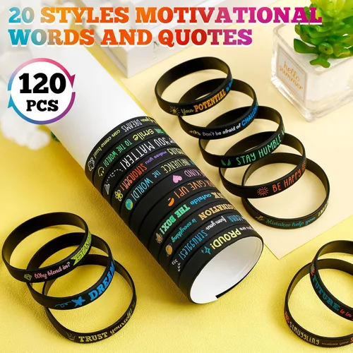 Vista 7 de Bucherry 120 pulseras de silicona motivacionales a granel inspiradoras de goma unisex con citas positivas para estudiantes, profesores, aula, Negro