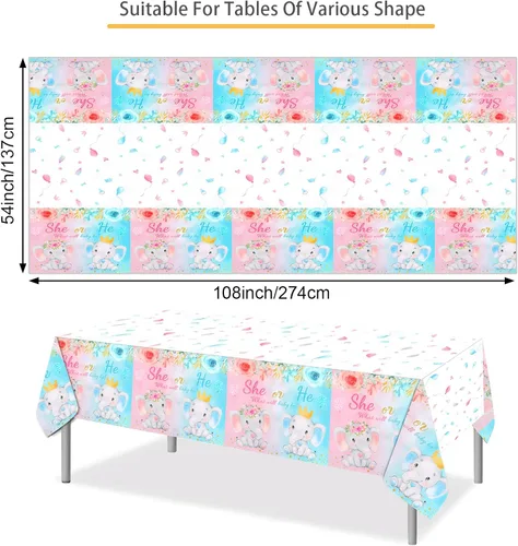 Vista 2 de PHOGARY Paquete de 3 manteles de revelación de género de bebé para decoración de fiesta de niño o niña, elefantes bebés rosas o azules, manteles