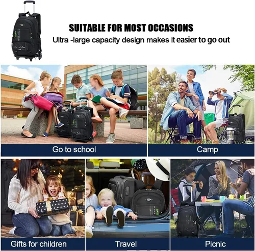 Vista 8 de Voici et Voila Mochila con ruedas con ruedas para computadora portátil, mochila con ruedas y 6 ruedas para niños y niñas, Portátil verde, Mochila