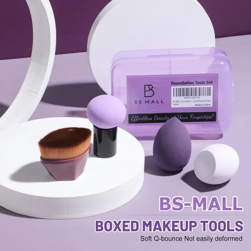 Vista 6 de BS-MALL Brocha para base de maquillaje con 3 esponjas de maquillaje, set de aplicación de base, corrector rubor bronceador (A-morado)