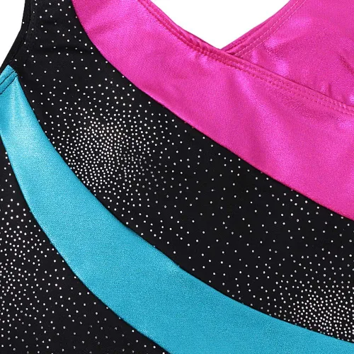 Vista 3 de Leotardo de gimnasia con shorts para niñas, sin mangas, para ciclismo, con diseño de mariposas y flores con brillo, color negro y rosado intenso