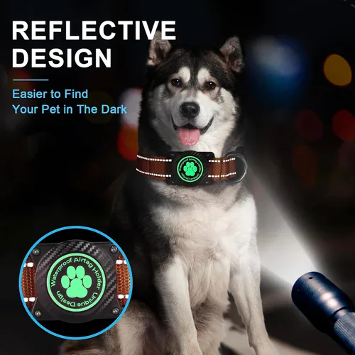 Vista 4 de Airtag - Collar para perro, collar de nailon con soporte impermeable para AirTag, collar luminoso reflectante ajustable para mascotas para perros
