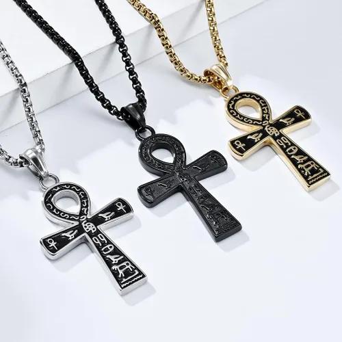 Vista 5 de Collar con colgante de cruz de Ankh copto egipcio antiguo de acero inoxidable para niños, mujeres y hombres, en cadena Rolo de 22 a 24 pulgadas