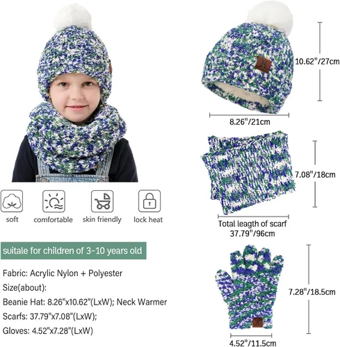 Vista 2 de Toddler Boys Girls Winter Warm Knit Beanie Hat Neck Scarf Touchscreen Gloves with Fleece Lined Cap for 3-10 Year Kid Gifts