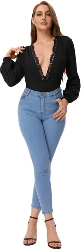 Vista 5 de WDIRARA Body de encaje de pestañas para mujer, cuello en V profundo, manga farol, sólido y elegante