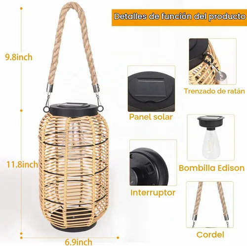 Vista 3 de Livinlarge Linterna Solar para Exterior Colgante, Gran Linterna Solar de Ratán para Exterior Impermeable con Mango de Cuerda, Linternas Brillantes
