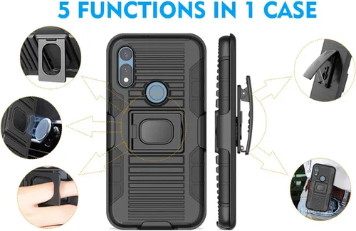 Vista 6 de Funda con clip para Moto E 2020, Nakedcellphone Black Rugged Cover [con soporte de agarre para dedos] + [placa de montaje integrada] +