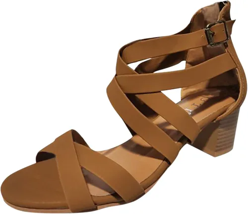 Vista 3 de Sandalias de tacón grueso para mujer, elegantes sandalias de tacón grueso con tiras cruzadas de pescador, elegantes botines romanos