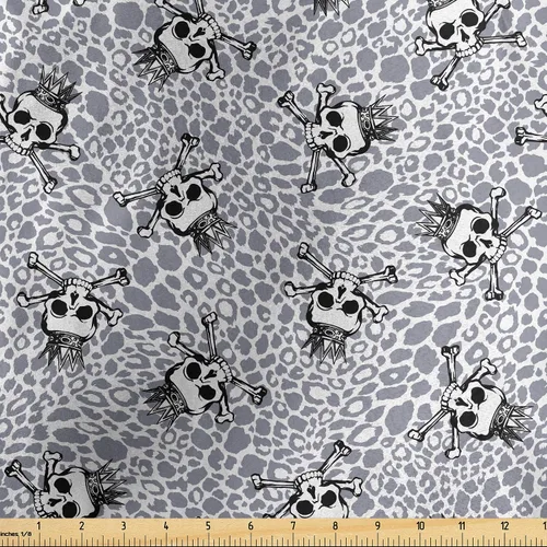 Vista 123 de Ambesonne The Yard, tela de calavera colorida con temática de Halloween, diseño de calavera y huesos cruzados, divertido estampado de dibujos