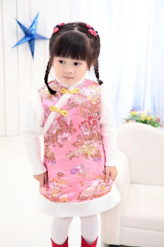 Vista 4 de Hooyi Invierno chino estilo chica vestido algodón sin mangas niños cheongsam bebé niñas Qipao