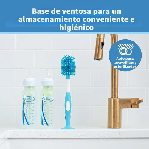 Vista 5 de Dr. Brown's Cepillo de limpieza de biberones suave sin rayones para bebé, limpiador de tetinas y base con ventosa para fácil almacenamiento, libre