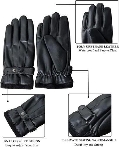 Vista 3 de SANKUU Winter Leather Gloves for Men, Touchscreen Snap Closure Cycling Black Gloves Outdoor Riding Warm Waterproof Gloves