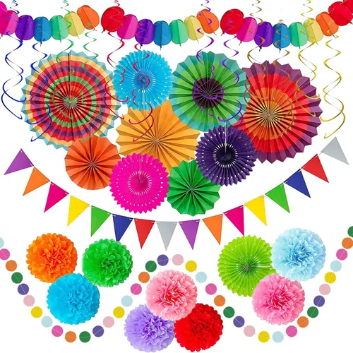 Vista 15 de LRCXL Juego de 12 abanicos de papel para colgar en fiestas, guirnaldas de papel con patrón redondo, suministros de fiesta para Año Nuevo, baby