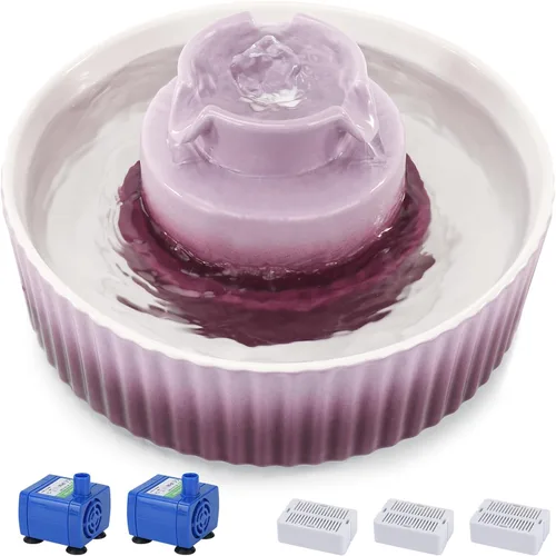 Vista 9 de Fuente de agua de cerámica para gatos Lawfery, fuente de gato de 2.1L/71oz con 3 filtros de carbón y 2 bombas de agua, fuente de agua para mascotas