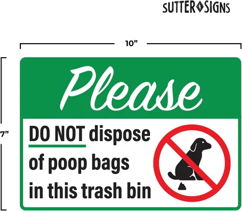 Vista 2 de Please Do Not Dispose Poop Bags in this Trash Bin Stickers, autoadhesivas de vinilo resistentes a la intemperie, verde/blanco, 10 x 7 pulgadas