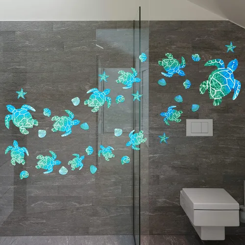 Vista 7 de Outus 46 calcomanías de pared de tortuga marina, calcomanías de vinilo de tortuga oceánica, calcomanías de baño subacuáticas, calcomanías de pared