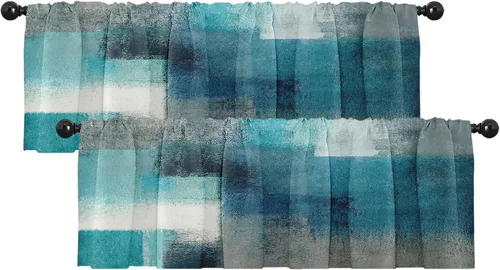 Vista 24 de Emvency Paquete de 2 cenefas para ventana, cortinas opacas de arte moderno abstracto azul, cortinas ajustables para ventanas, sala de estar, cocina