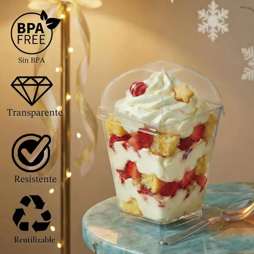 Vista 5 de Hiasobre Paquete de 100 vasos de postre de plástico transparente de 5 onzas con tapas y cucharas, tazas cuadradas reutilizables para aperitivos