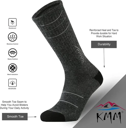Vista 3 de KMM Calcetines acolchados de lana merino para hombre con control de humedad ligero y acogedor para senderismo, uso al aire libre, uso casual