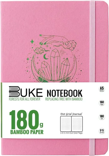 Vista 12 de BUKE Cuaderno de cuadrícula de puntos, papel blanco de bambú de 6.35 oz/m², 5 puntos de 0.197 x 0.197 in, 160 páginas, encuadernación plana, bordes
