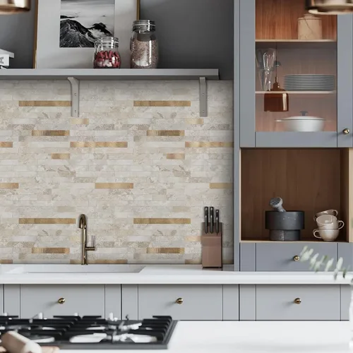 Vista 4 de Midcard 20 hojas de azulejos de salpicaduras de pelar y pegar, de PVC, para salpicaduras de cocina Beige oscuro con cobre