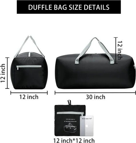 Vista 3 de Bolsa de lona plegable de 30 pulgadas 75 L ligera con resistente al agua para viajes Negro 75L