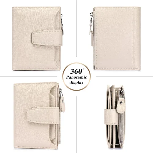 Vista 4 de Cartera de piel plegable con bloqueo RFID para mujer, tarjetero compacto con bolsillo con cremallera para monedas y 4 ventanas de identificación