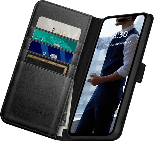 Vista 5 de DuckSky Funda tipo cartera de piel auténtica para iPhone 14 Pro Max de 6.7 pulgadas. Bloqueo RFID. 4 tarjeteros de crédito. 【Cuero auténtico】 Funda