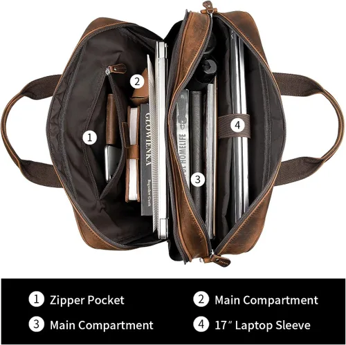 Vista 5 de Augus - Maletín de cuero para hombre de 16 pulgadas, bolso de hombro para laptop con correa de equipaje 100% full-grain leather, YKK zip, fits