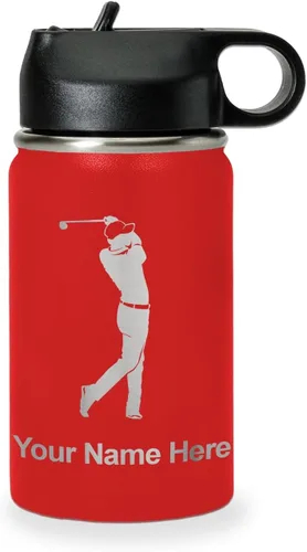 Vista 12 de LaserGram Botella de agua personalizada, golfista de golf, acero inoxidable de doble pared aislada al vacío con popote superior, regalo grabado Negro