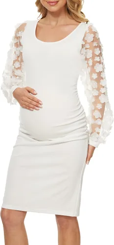Vista 5 de Vestido de maternidad con mangas de obispo de malla floral fruncido lateral elegante vestido midi ajustado para baby shower sesión de fotos casual