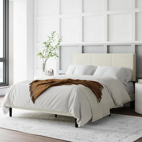 Vista 3 de IOILORI Base de cama de tamaño matrimonial con cabecera tapizada, listones de madera resistentes, no requiere somier, silencioso, fácil montaje Beige