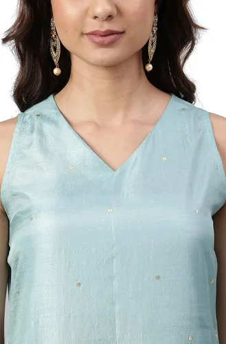 Vista 7 de Janasya Kurta bordada de seda de poliéster verde mar indio para mujer con Palazzo y Dupatta