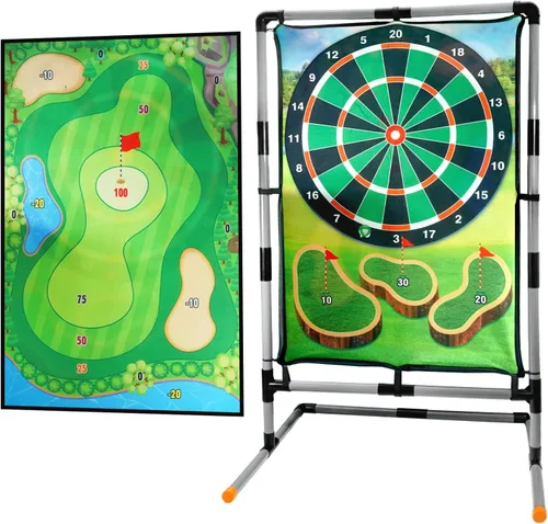 Vista 8 de Juego de astillado de golf con soporte, juego de práctica de golf multideportivo con tiro con arco, hacha, dardos, alfombrilla de golpeo de doble
