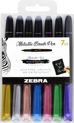 Vista 8 de Zebra Pen, Bolígrafos metálicos, tinta dorada, plateada y oro rosa, punta de pincel mediana que imita el pincel de artista para caligrafía y letras