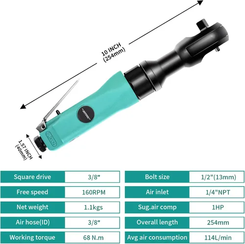 Vista 5 de Dotool Llave de trinquete neumática de 3/8", llaves de trinquete neumáticas profesionales, unidad cuadrada de 160 RPM liviana, compacta, control