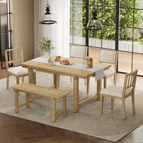 Vista 59 de Juego de mesa de comedor vintage de 6 piezas, juego de mesa de comedor de cocina de madera maciza con 4 sillas ergonómicas acolchadas y banco, mesa