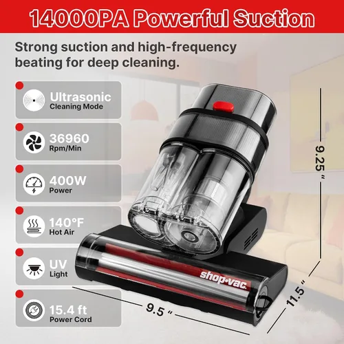 Vista 3 de Shop-Vac Aspiradora de colchón, potente aspiradora de cama de 14 KPa con luz UV-C de 253.7 nm, 36960 RPM/min de roscado, filtro HEPA y ultrasónico
