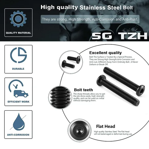 Vista 4 de M5 x 6mm 10Pcs Tornillos de cabeza plana con casquillo hexagonal, 304 Acero inoxidable 18-8, rosca completa, óxido negro de SG TZH
