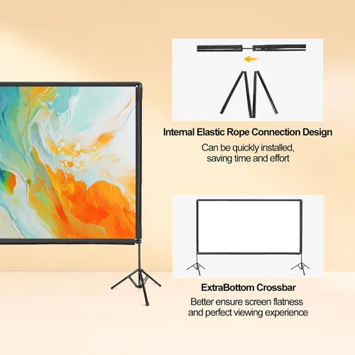 Vista 2 de Pantalla de proyector con soporte, soporte de pantalla de proyector portátil de 100 pulgadas con barra de cuerda elástica, para interiores