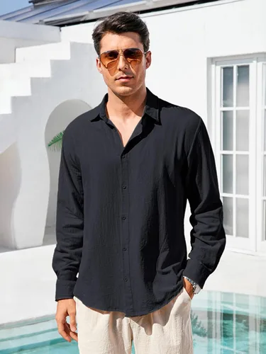 Vista 3 de Camisa de algodón y lino para hombre, con botones, color sólido, para verano, casual, playa, hawaiana