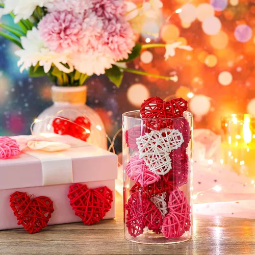 Vista 3 de 24 bolas de ratán en forma de corazón de San Valentín de 2.36 pulgadas, rellenos de tazones de jarrón de corazón, decoración de ratán de mimbre