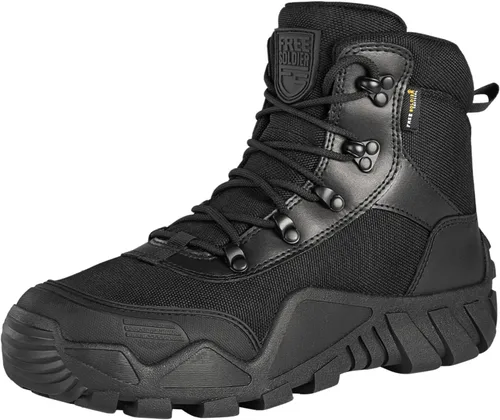 Vista 10 de FREE SOLDIER Botas de senderismo impermeables para hombre, botas de trabajo tácticas, botas militares ligeras al aire libre negro (Mid Black)